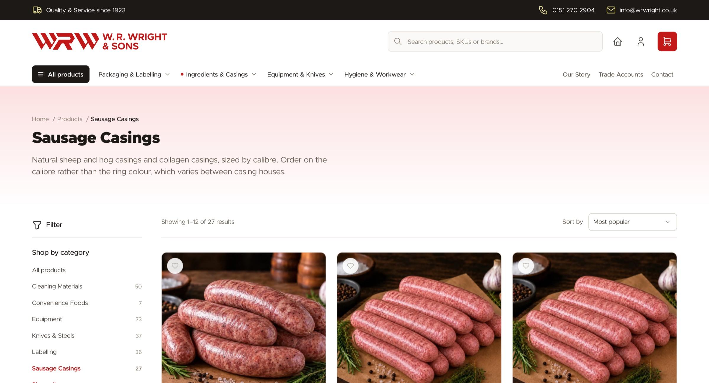 The Sausage Casings category on the W.R. Wright & Sons shop: the category tree and the first of 27 products