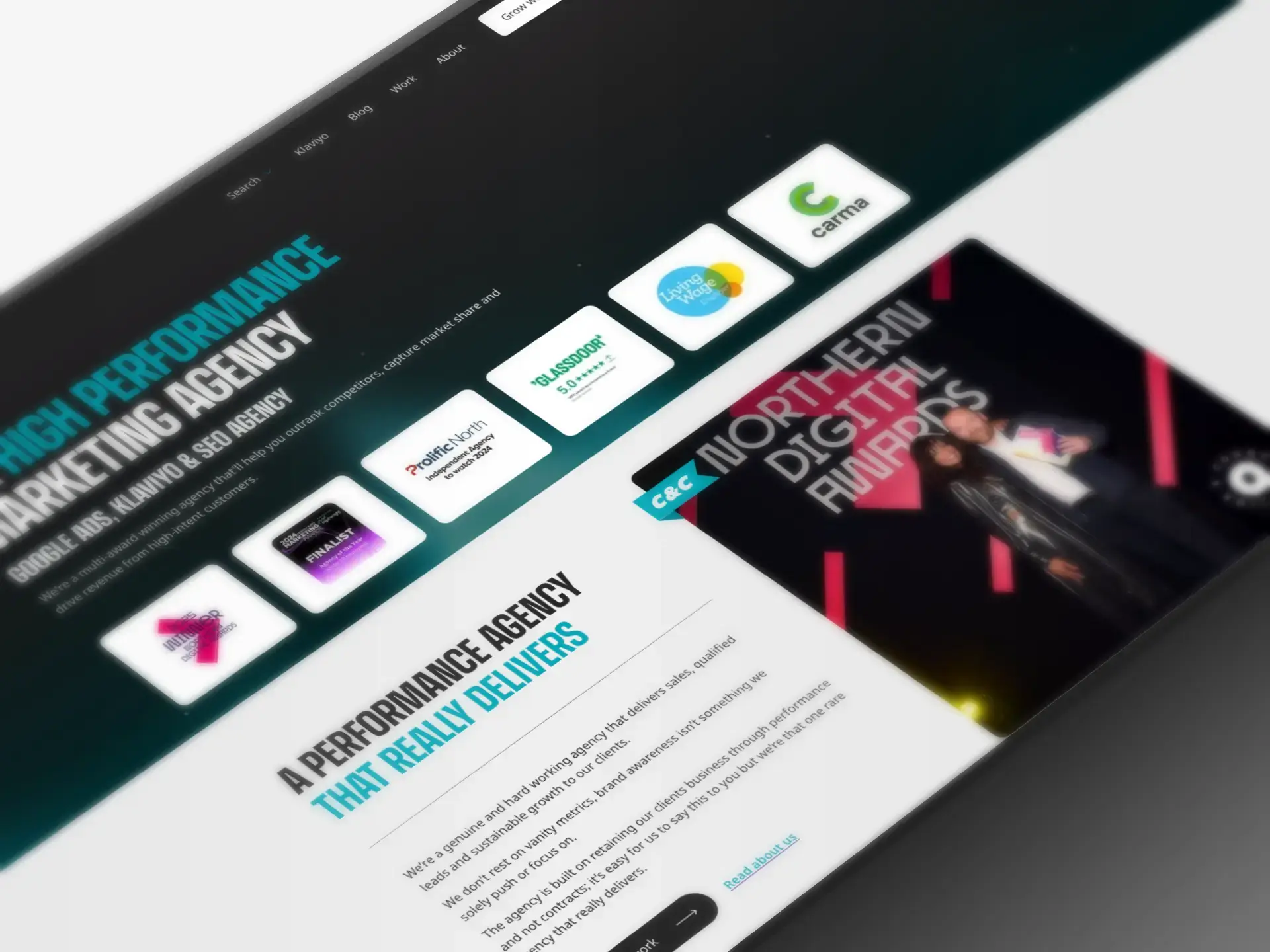 Climb & Conquer marketing agency website showing awards, client logos, and Northern Digital Awards imagery